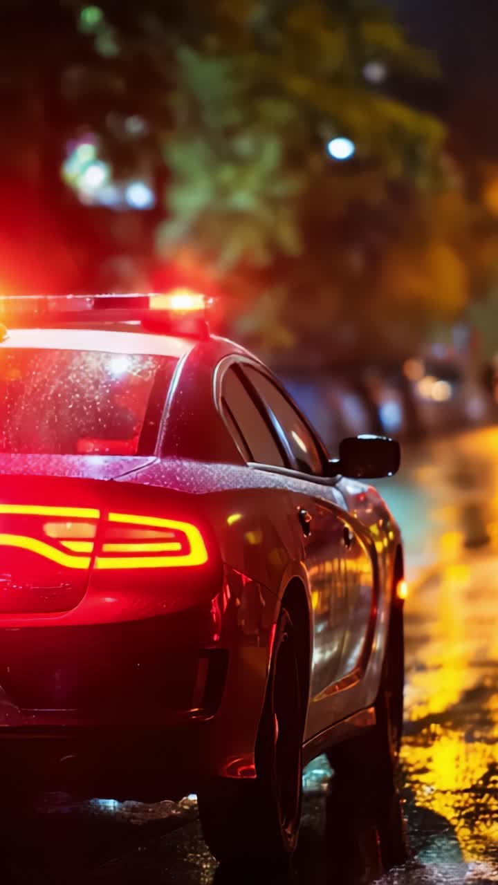 Un'affascinante scena notturna con un'auto della polizia con luci lampeggianti che si riflettono sul marciapiede bagnato, creando un'atmosfera urbana dinamica e drammatica