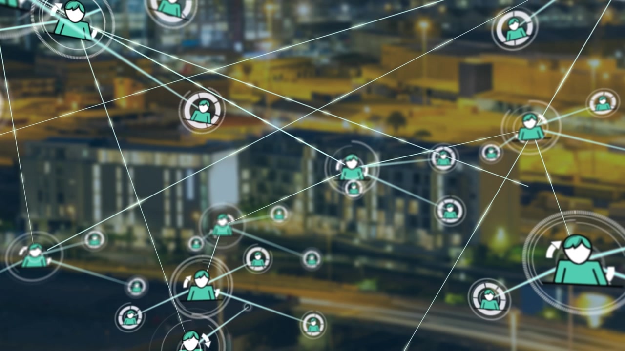 Digital Network of Connected People Over Blurred Cityscape