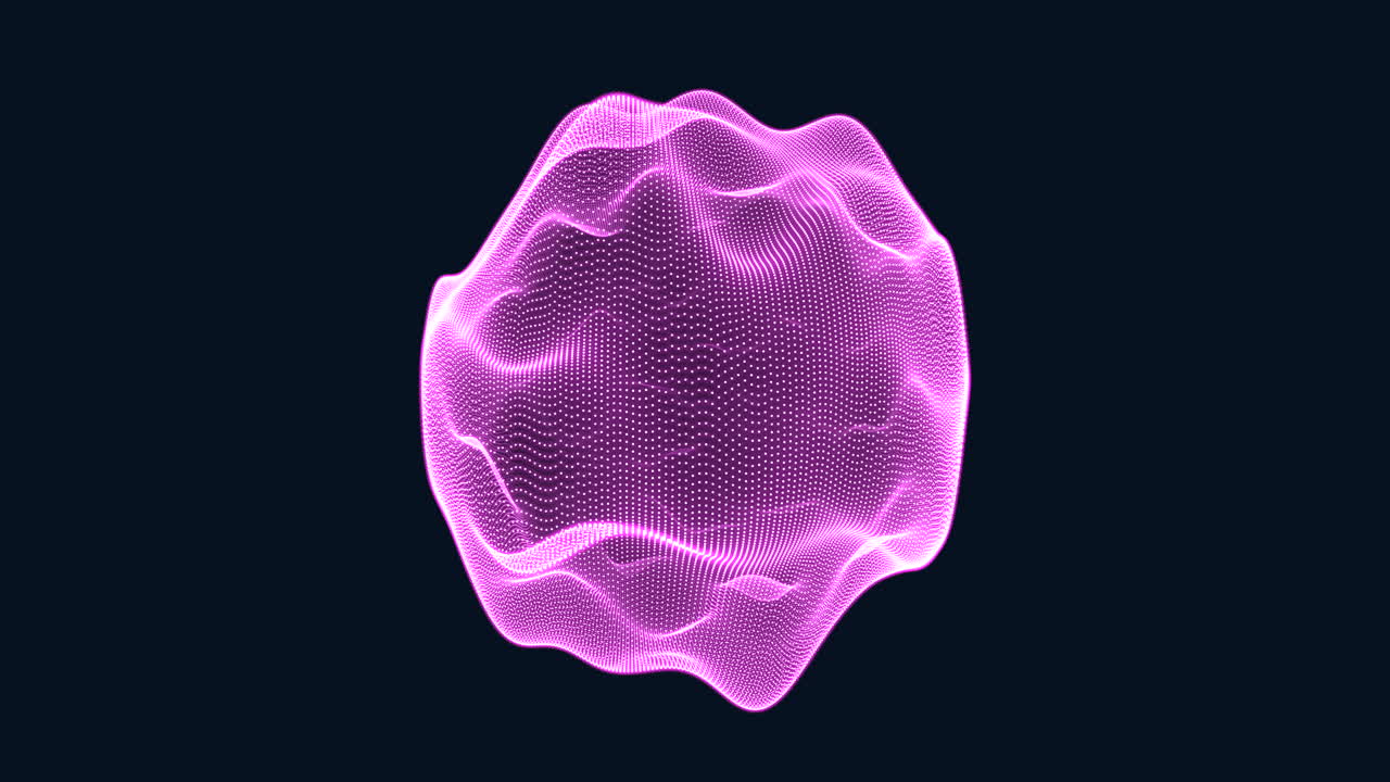 Dynamisk glødende rosa partikkelbølge sfære som forvandles på en mørk bakgrunn, som representerer dataflyt, digitale lydbølger eller futuristisk teknologi, ideell for sci-fi, teknologipromos og bevegelsesbakgrunner.