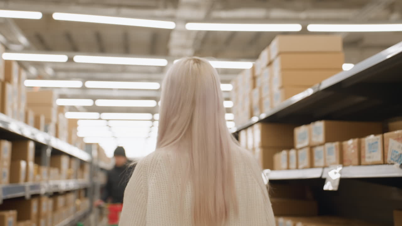 Back view female shopper with platinum hair pushes grocery cart through lit supermarket aisle lined with stacked boxes while another customer rolls past, navigating supplies and purchase decisions