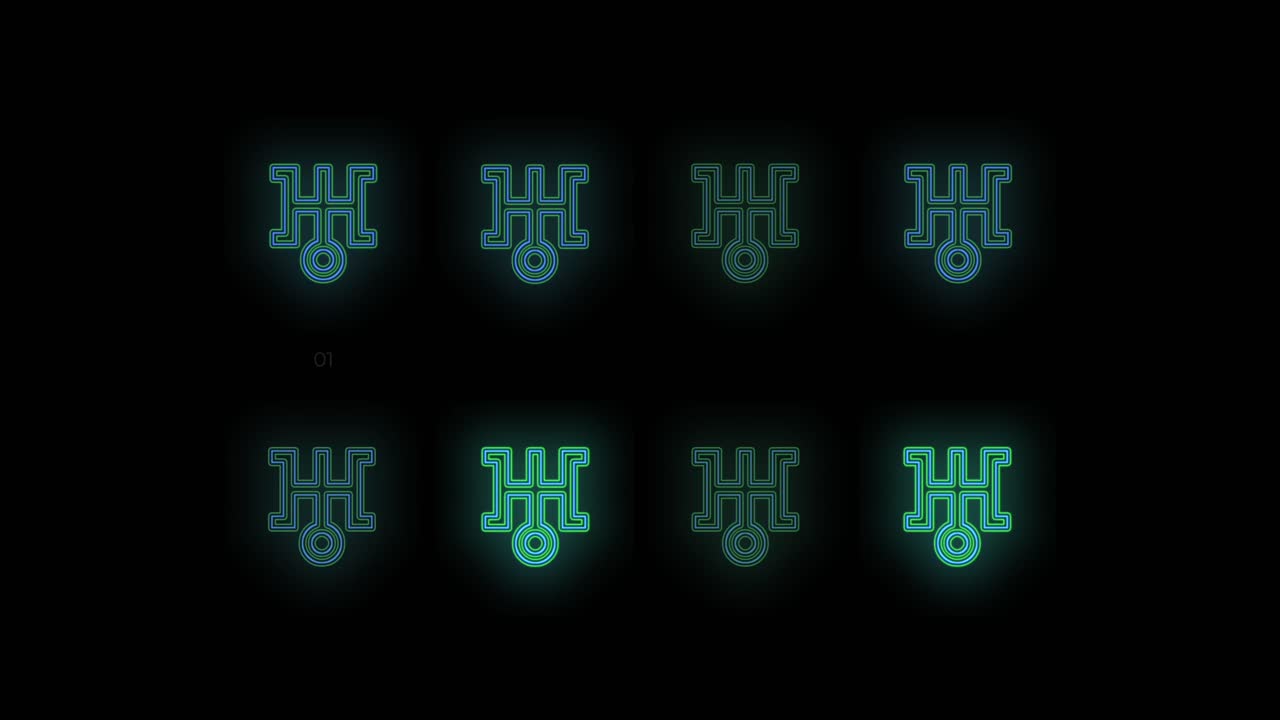 patrón de símbolos japoneses con luz verde neón pulsante 4