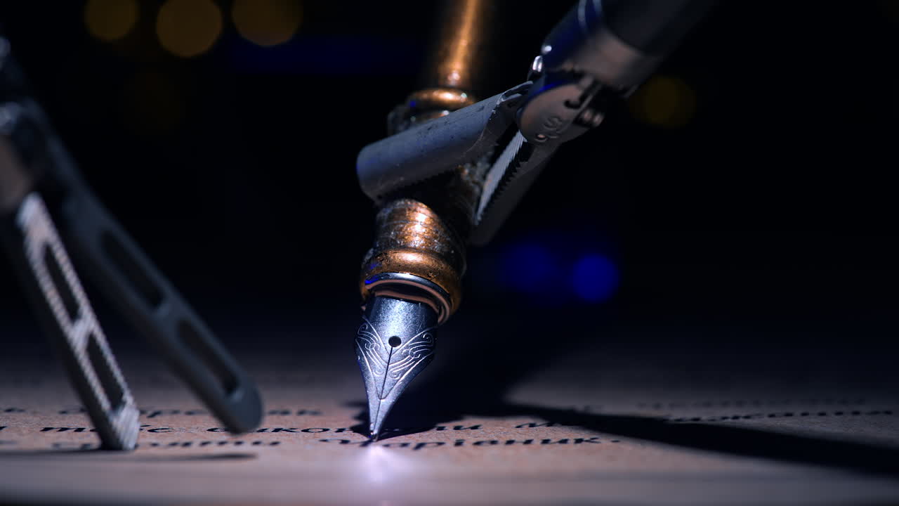 Robotic forceps holding old-fashioned writing pen and move it over the paper. Precise work of the innovative futuristic equipment. Close up. Dark backdrop.