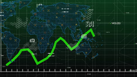 green line graph animation over world map with data points and grid