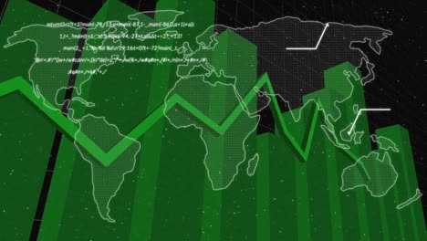 green graph moving against world map and data processing