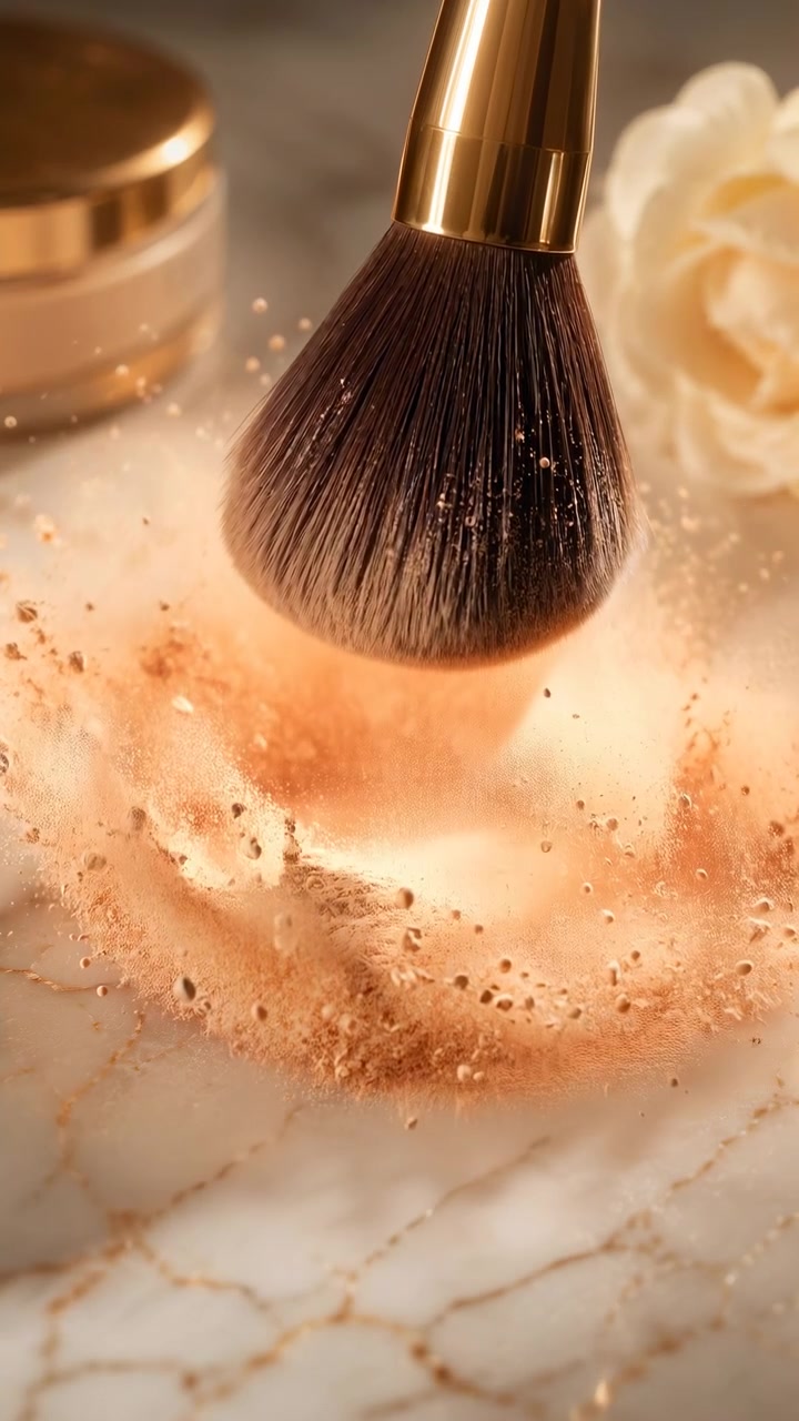 Cosmetic brush sweeps across fine powder on veined marble, lifting a gentle cloud of particles while warm light highlights bristles, texture, movement, and elegant composition in close-up view.