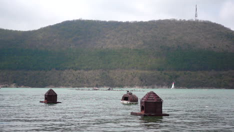 wooden birdhouses on a calm lake with mountains in the background