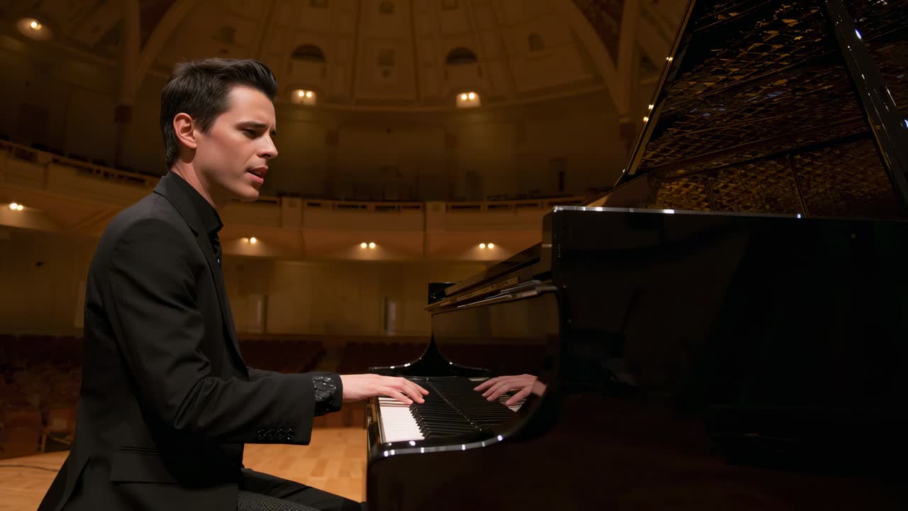 Starting with hands poised, male pianist wearing dark suit playing grand piano on stage, copy space