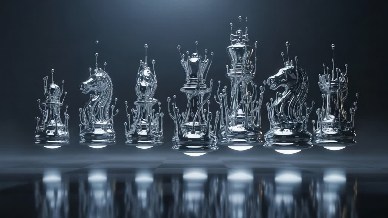 En imponerende fremvisning af glasskakbrikker med væskedynamik: En kreativ repræsentation af spillets strategi og elegance fanget i bevægelse.