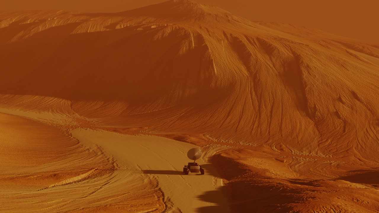 Vista aerea di un rover marziano che esplora la superficie del pianeta rosso