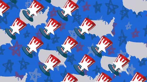 Animation-Von-Hüten-In-Den-Farben-Der-US-Flagge-über-US-Karten,-Die-Auf-Blauem-Hintergrund-Schweben