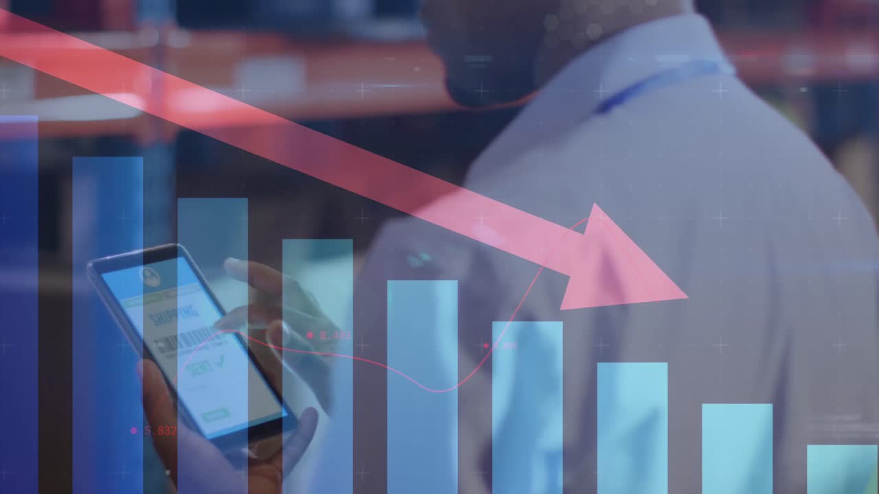 Animation of statistics, red arrow and data processing over biracial man working in warehouse
