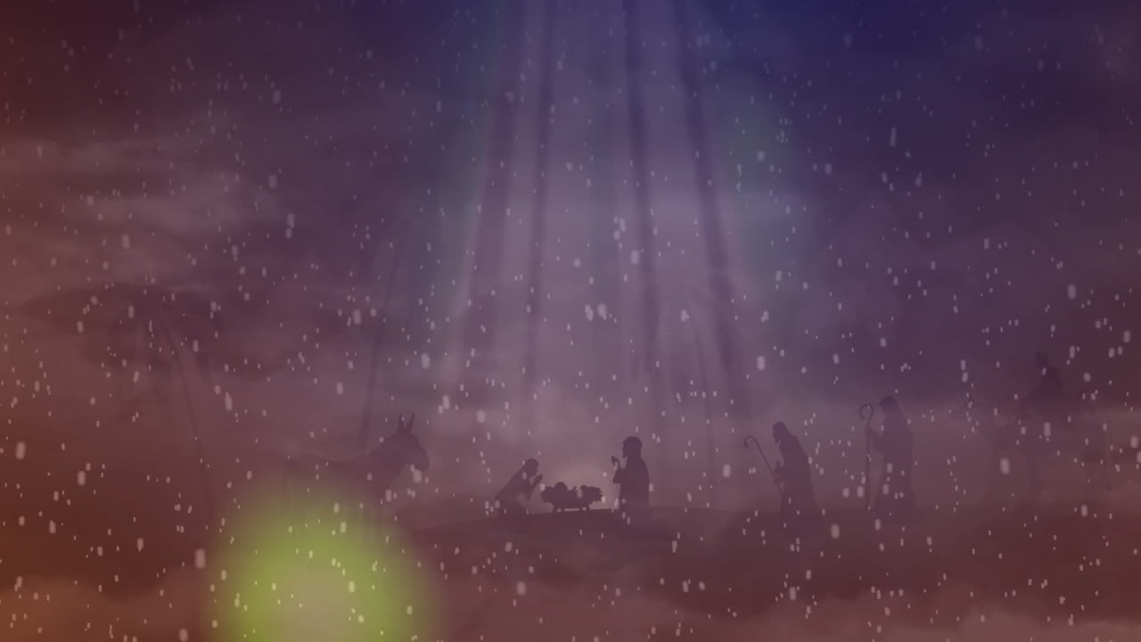 Falling snowflakes creating serene atmosphere, silhouetted figures under colorful sky