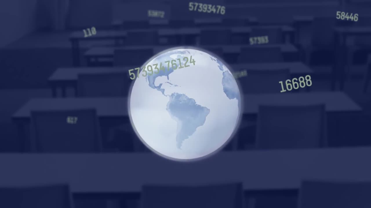 composición digital de números cambiantes sobre un globo giratorio contra una clase vacía