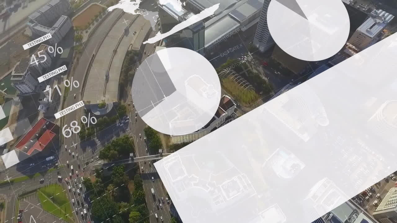 Pie charts and percentages animation over aerial view of urban landscape