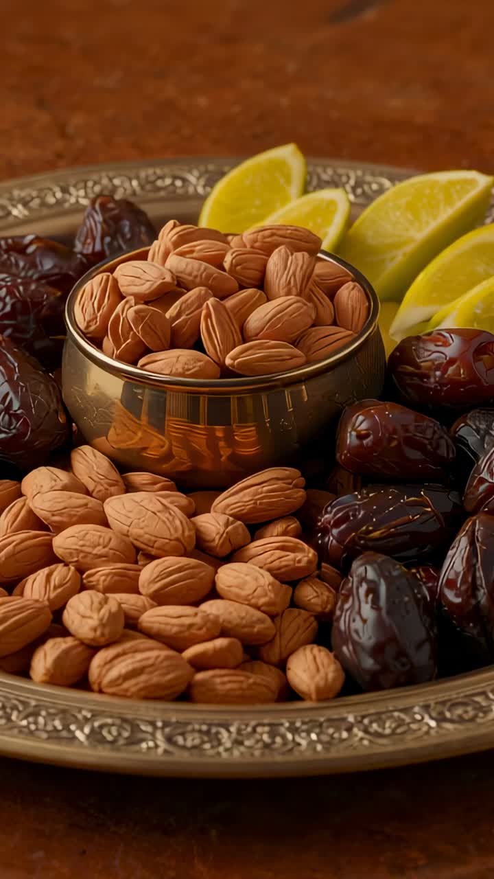 Vertical video: Zooming in after subtle push, cam moving closer to bowl of almonds on tray, texture