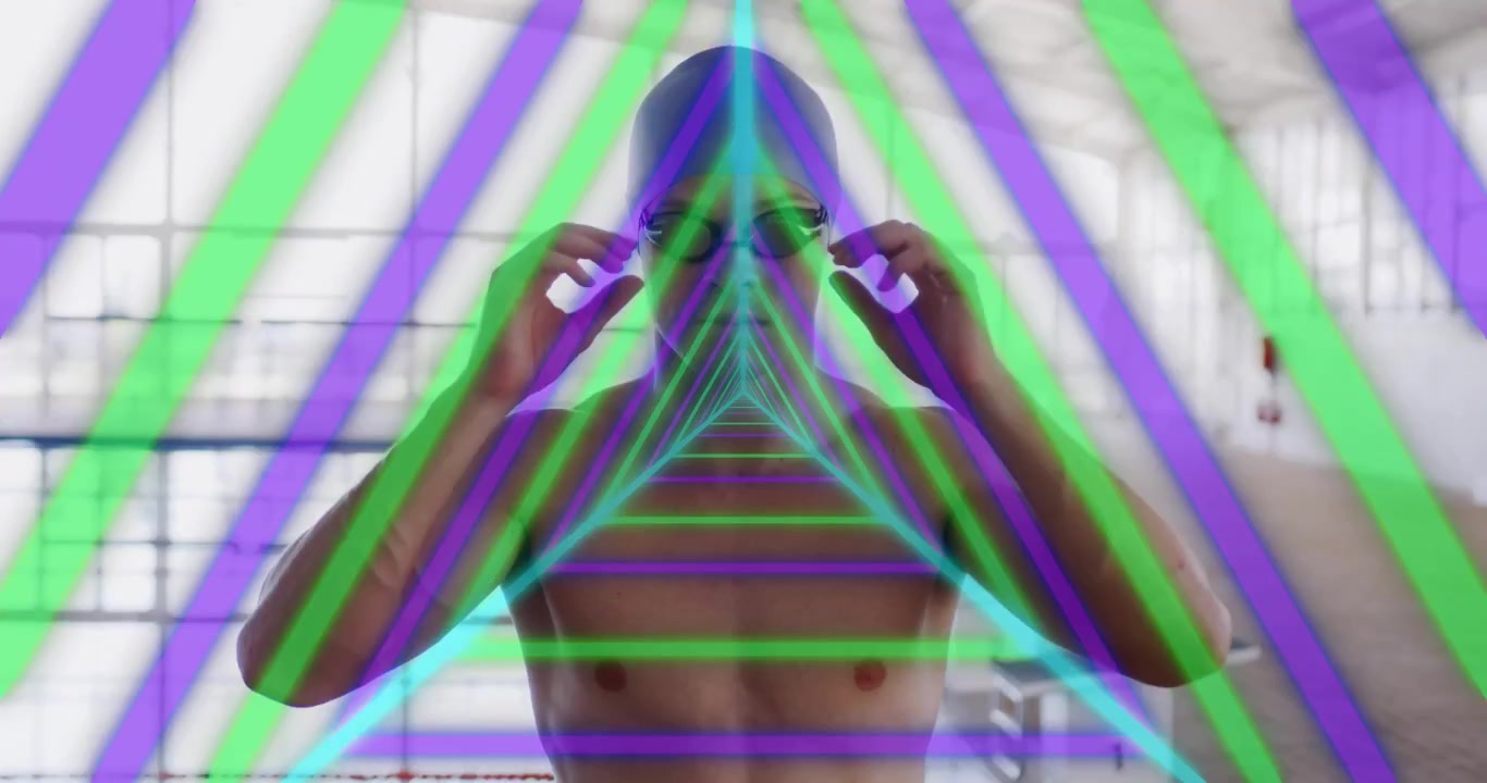 Shirtless athlete adjusting swim goggles before pool training, with neon triangular overlay