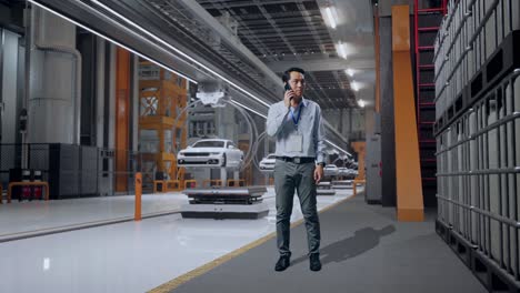 cuerpo lleno de un trabajador profesional masculino asiático de pie en la fábrica de automóviles ev, instalación industrial de alta tecnología, está hablando con alguien en el teléfono