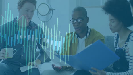 animation of financial data processing over diverse colleagues discussing work in office