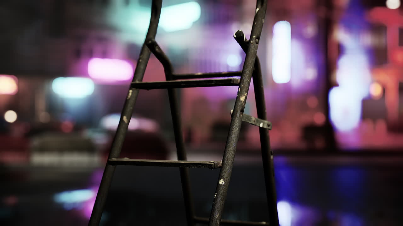una escalera oxidada frente a una calle iluminada con neón