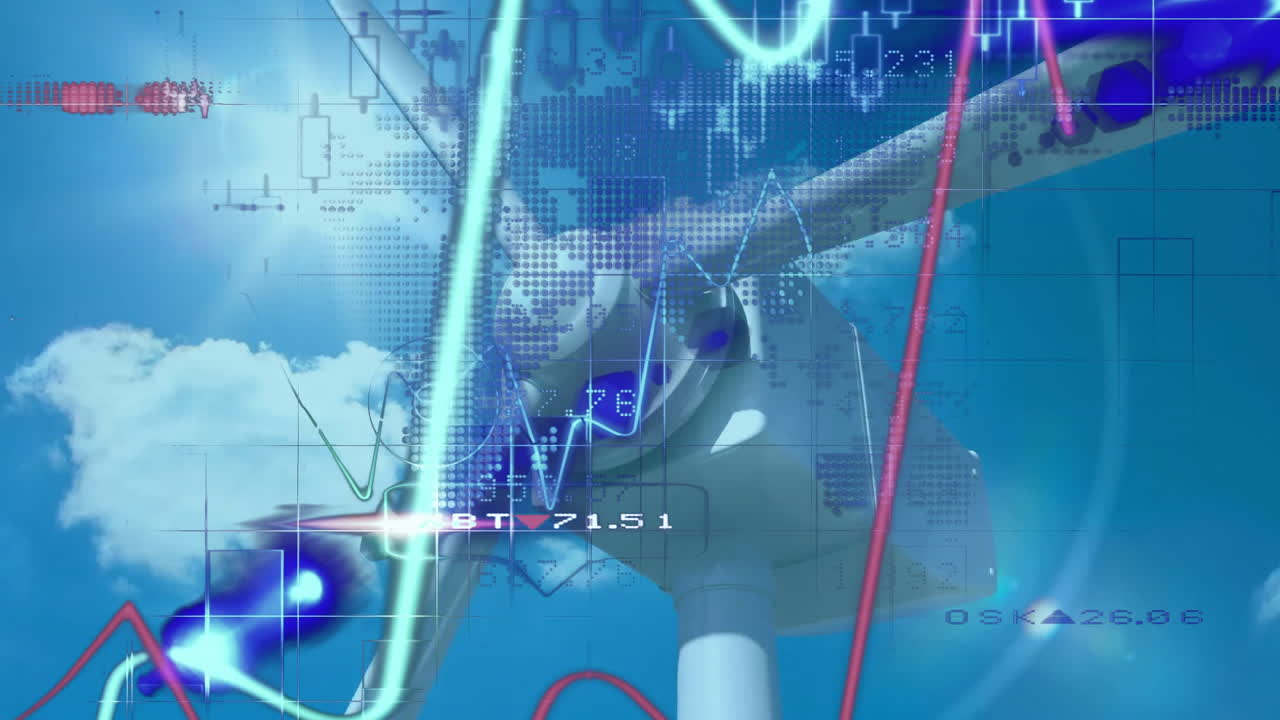 Data processing animation with wind turbine and financial graphs on blue background