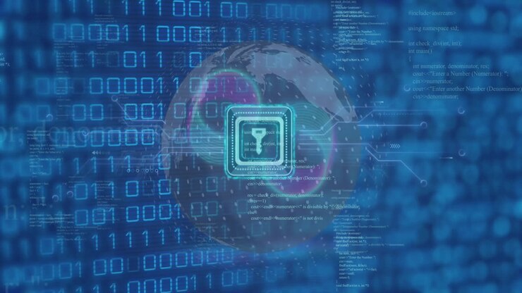 Animation of padlock icon over binary coding data processing