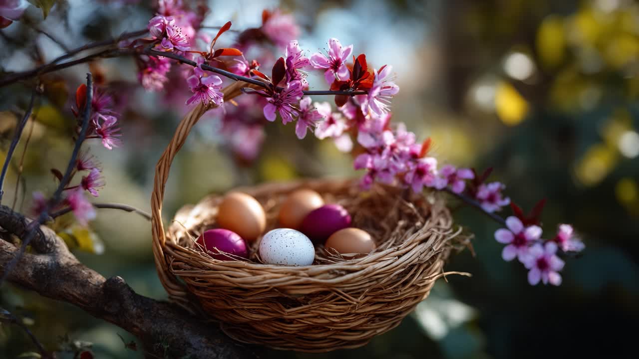 Una serena scena di nidificazione con uova di Pasqua decorative e multicolori, circondate da fioriture vivaci e vegetazione lussureggiante in un ambiente esterno tranquillo.