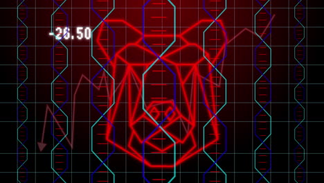 Animación-Del-Procesamiento-De-Datos-Y-Estructuras-De-ADN-Sobre-El-Icono-De-La-Cara-De-Un-Perro-Sobre-Fondo-Rojo.