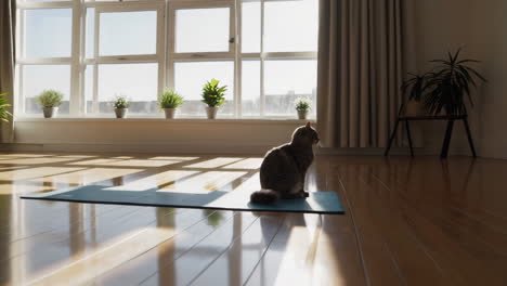 cat doing yoga in sunny room