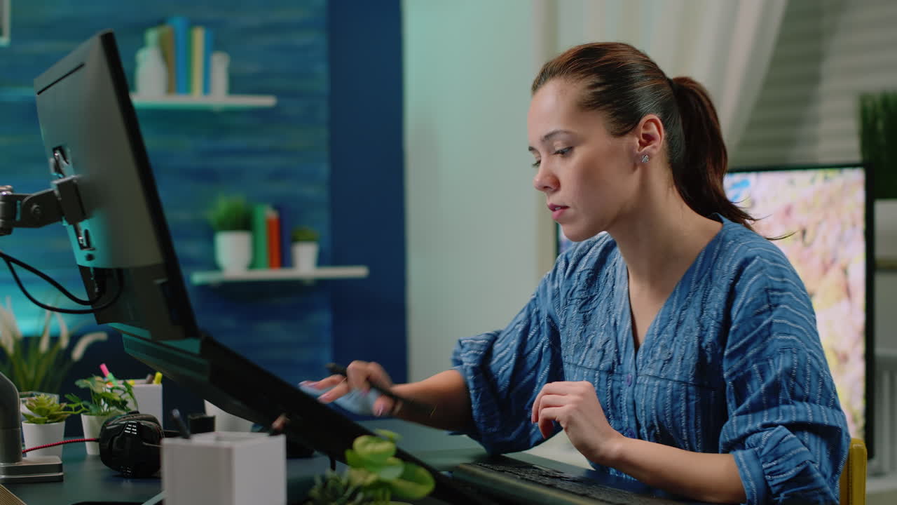 Editor di foto che ritocca un'immagine con un monitor touchscreen