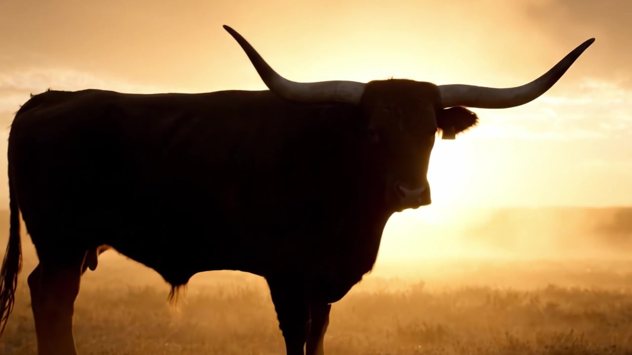 Drammatica silhouette di un maestoso toro contro un orizzonte dorato all'alba in un tranquillo paesaggio pastorale.