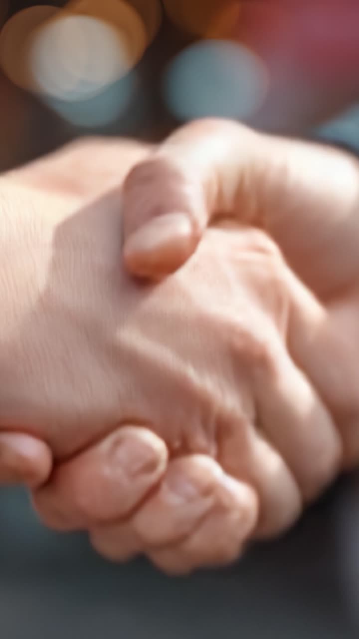 Et symbol på enhed: To hænder, der fast giver hånd, symboliserer enighed, tillid og samarbejde på en smukt sløret baggrund af tvetydige farver