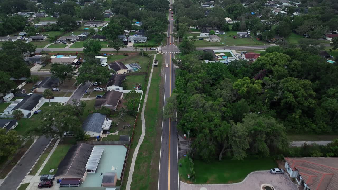 Via principale di un quartiere suburbano americano in una piccola città della Florida. Alberi tropicali verdi lungo la strada in una giornata nuvolosa al crepuscolo. Ripresa aerea a volo d'uccello. Auto che guidano su una strada dritta.