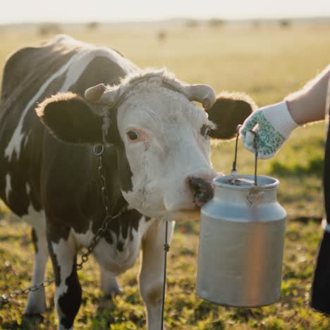 la vaca huele la lata de leche sostenida por el granjero