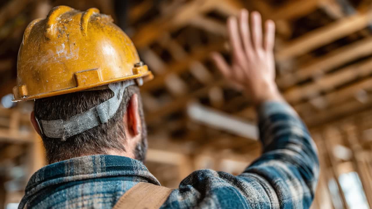 A Construction Worker in Safety Gear Waves Goodbye at a Job Site, Signaling End of Shift Amidst Wooden Frameworks and Tools in Progress