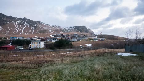 Timelapse-over-Vik,-a-small-town-in-Iceland-with-an-iconic-church