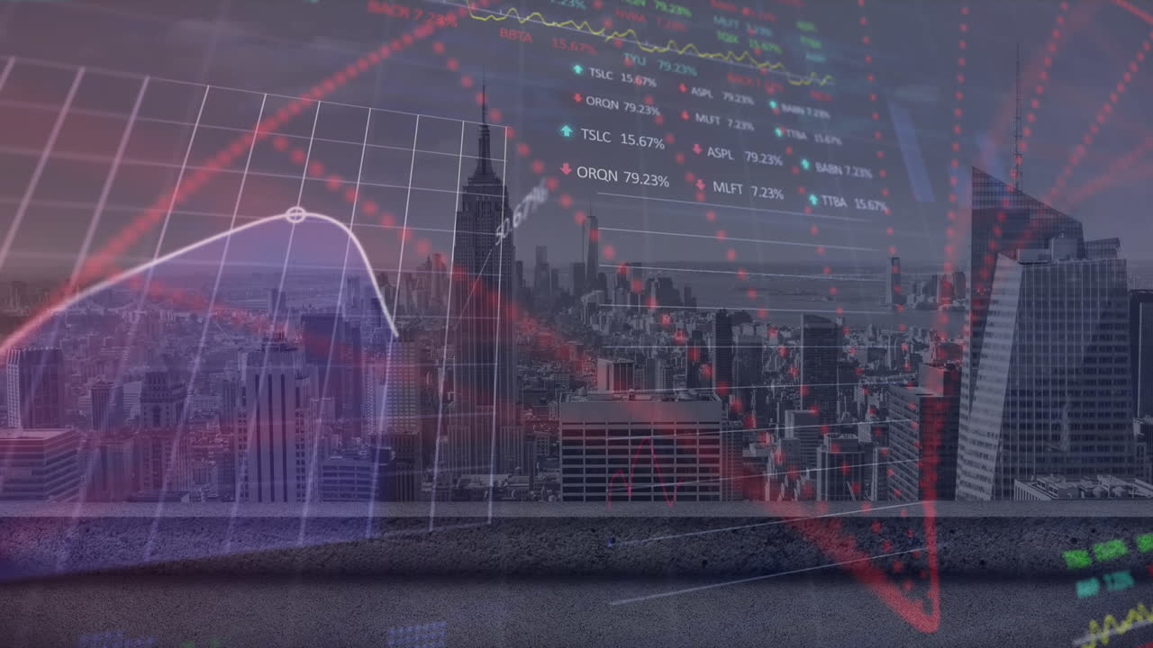 은 입자의 애니메이션과 주식 시장 데이터 처리가 도시 풍경의 항공 시각에 대해