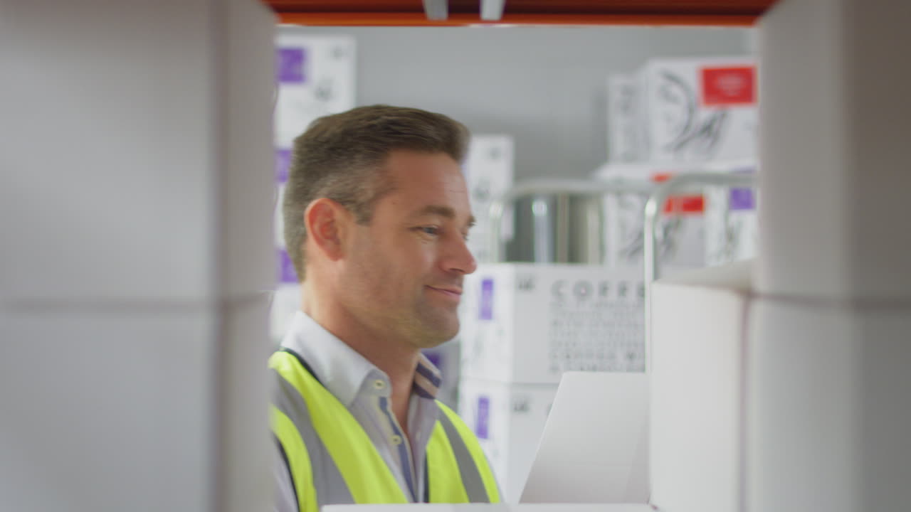 trabajador masculino en el almacén de distribución logística que pone la caja en el estante