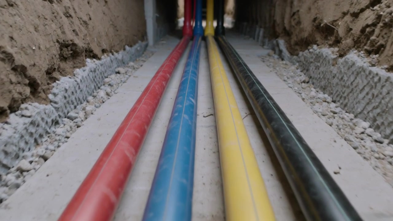 Tracking camera moving along four conduits in narrow trench, revealing scratches for inspection