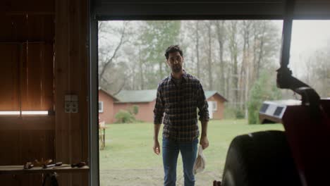 farmer entering or exiting barn