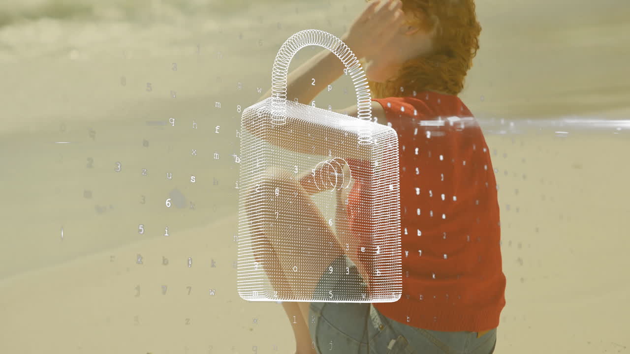 Lock icon and digital numbers animation over person sitting on beach