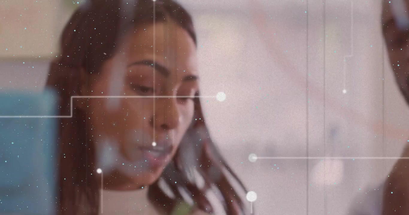 Business woman using markers on transparent panel circling data drawing curve nodding agreement