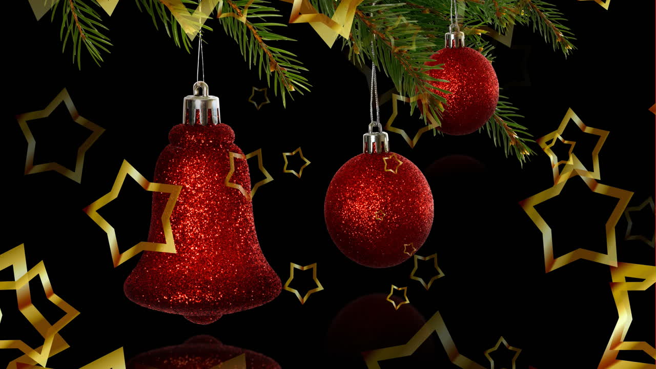 animación de estrellas doradas sobre bolas de navidad rojas sobre fondo negro
