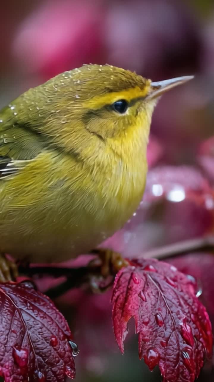 A Beautiful Yellow Bird Perched Gracefully on Vibrant Red Leaves with Raindrops glistening, Capturing the Essence of Nature's Harmony and the Delicateness of Wildlife