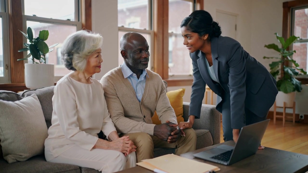 Leaning advisor in dark suit at home, opening folder at table and explaining documents on laptop
