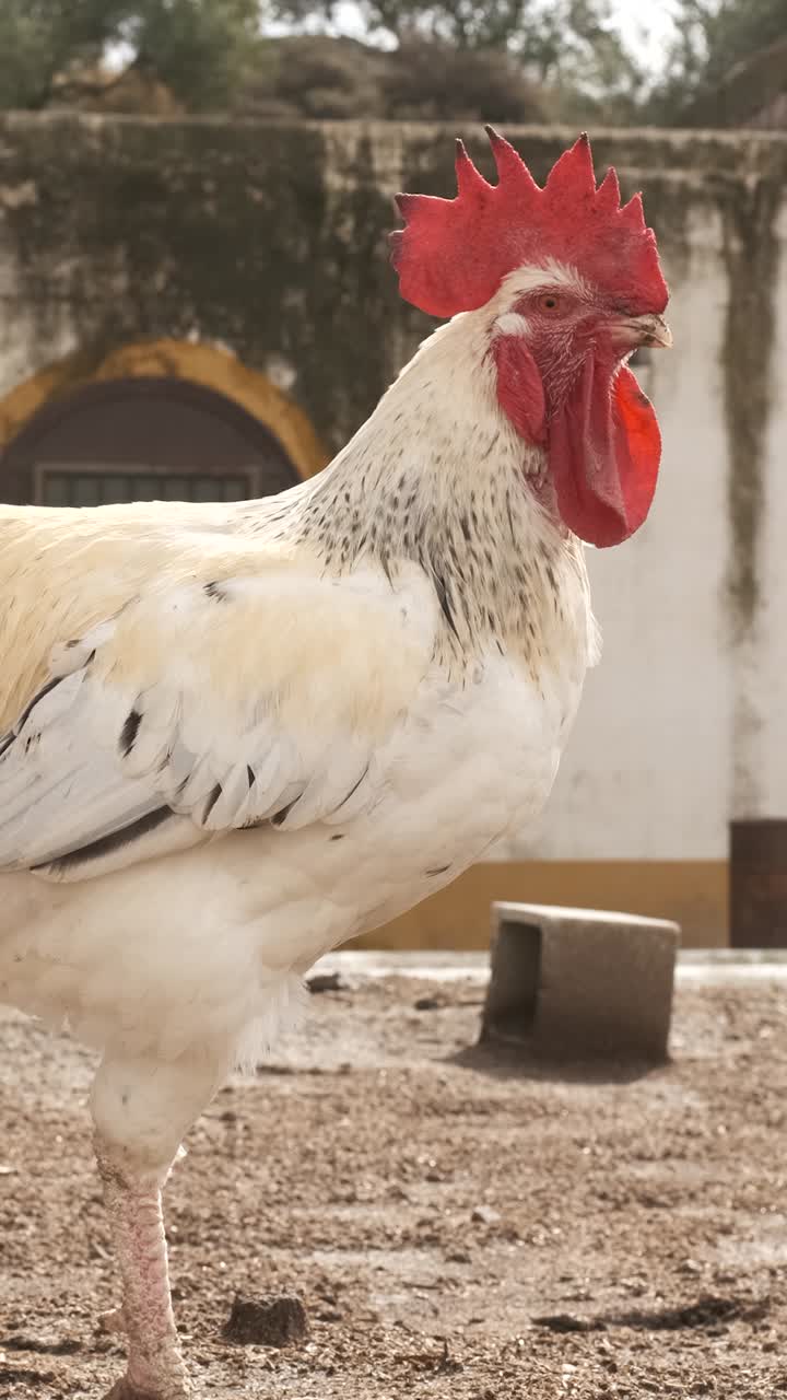 Crowing white rooster displaying vibrant colors on a farm