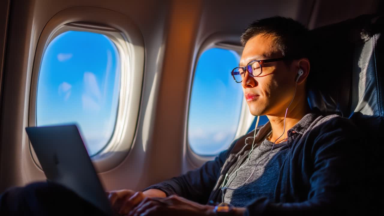 A Focused Traveler Working on a Laptop While Enjoying Scenic Views Through Airplane Windows During a Long Flight