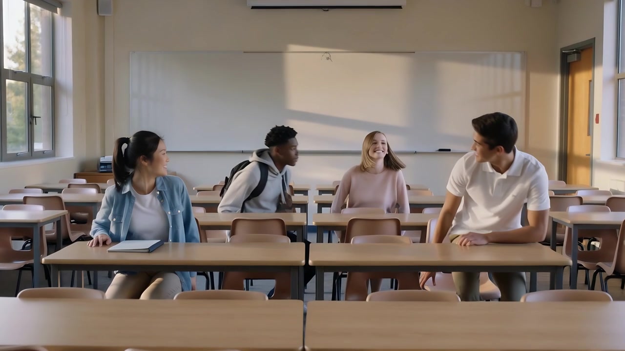 Entering 4 students choosing front desks in class, placing tablet and adjusting backpack for class