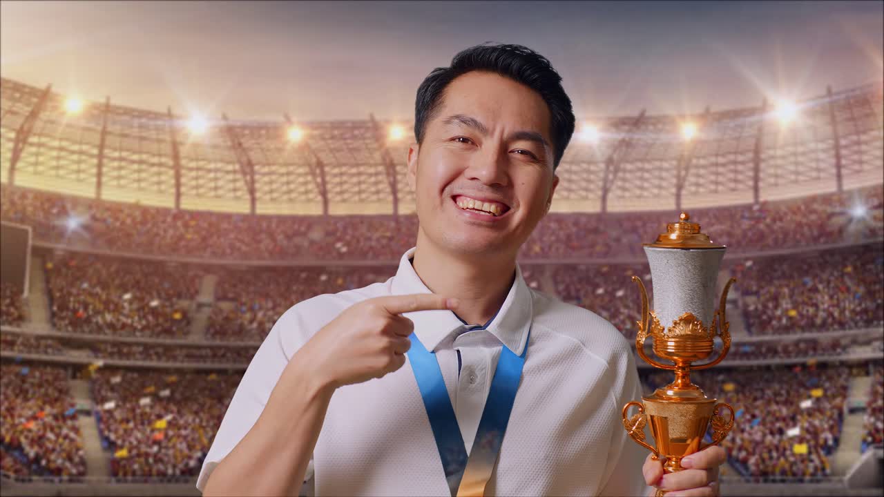 황금 메달을 들고 손에 금 트로피를 가리키는 아시아 남자가 경기장에서 첫 우승자로 자부심을 느다.