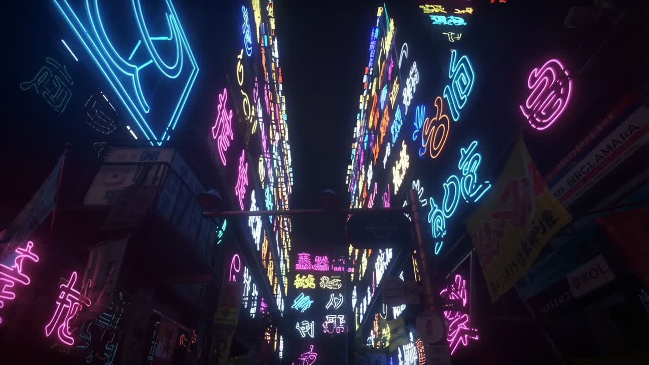 Vibrant Neon Lit City Street at Night