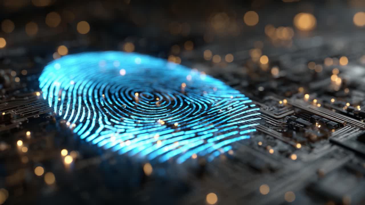 Exploration of Digital Identity: A Close-Up View of a Vibrant Blue Fingerprint on a Circuit Board Backdrop Illuminated by Glimmering Lights